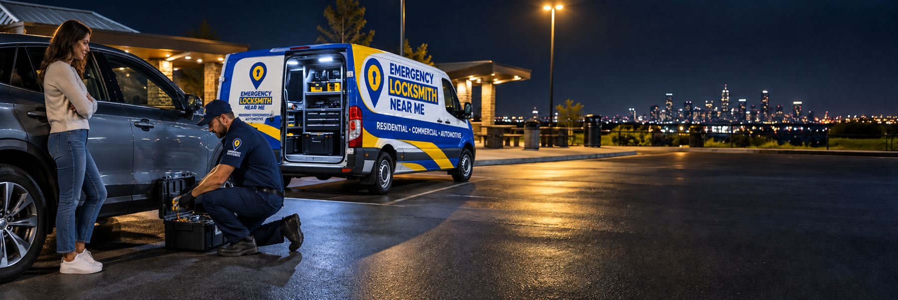 An Emergency Locksmith Near Me technician helping a customer at her car at night beside a branded van with a city skyline in the distance.